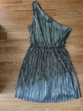 Express One-Shoulder Metallic Black and Silver Pleated Dress